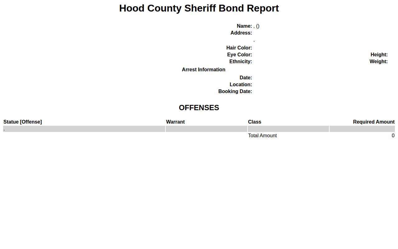 Hood County booking detail photo for released inmate mugshot discovery