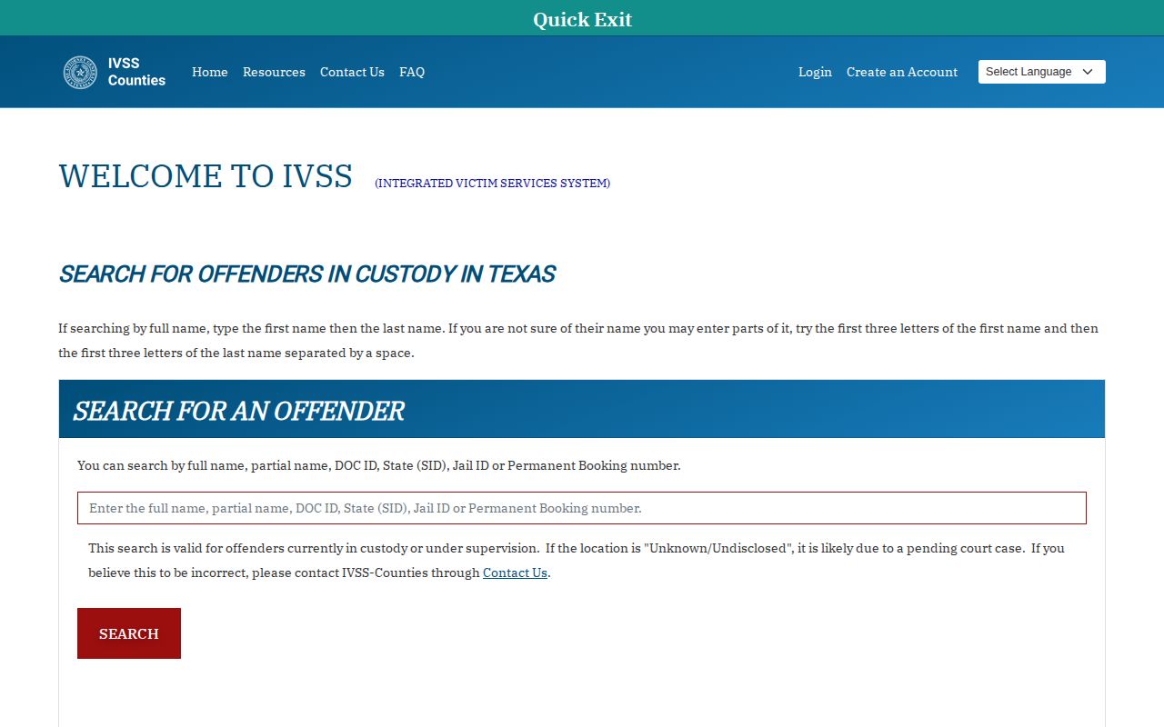 Texas IVSS-Counties inmate check for Hood County release alerts
